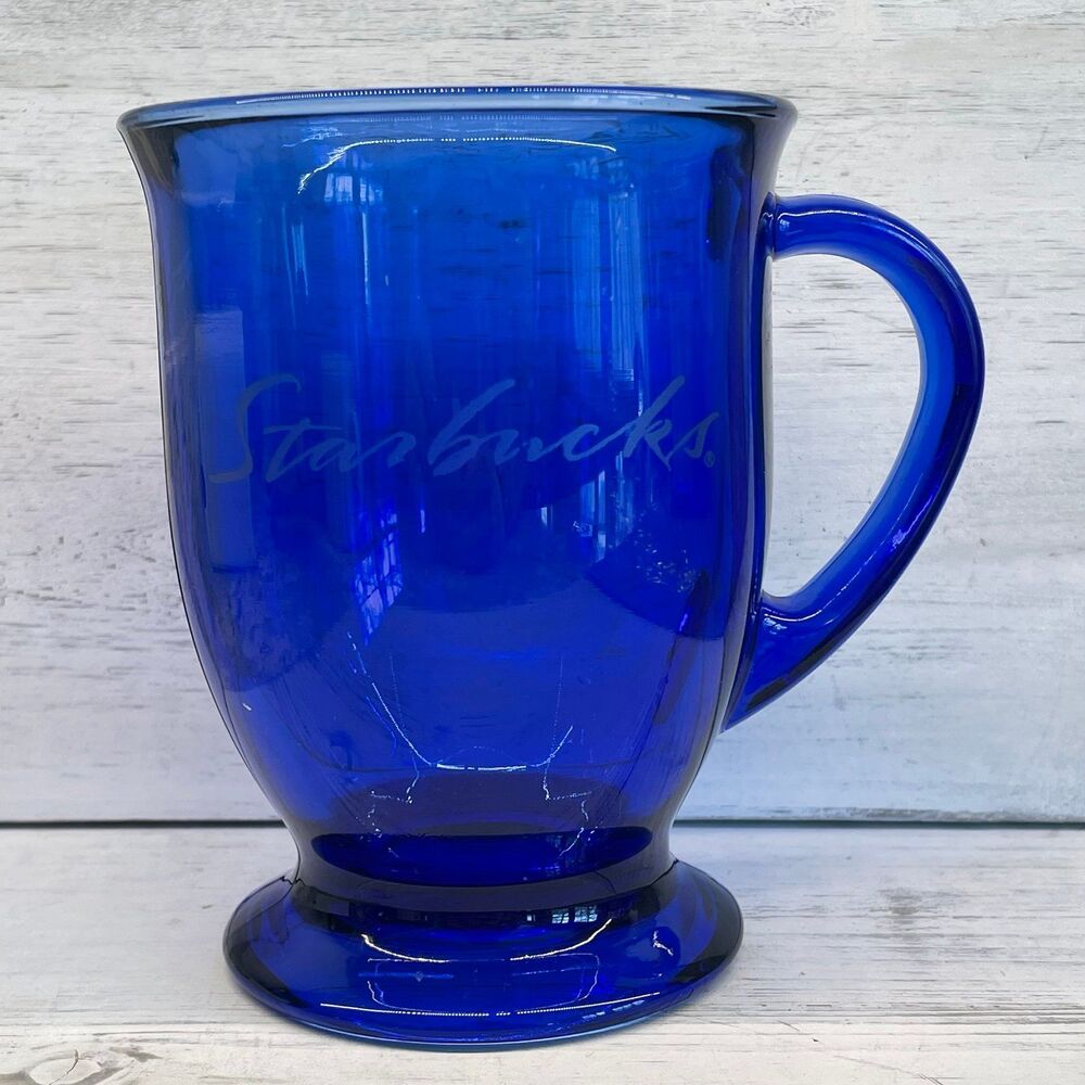 Vintage Starbucks Cobalt Blue Glass Mug - Etched Siren Logo - Anchor Hocking - Picture 1 of 8